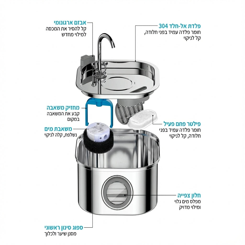 מזרקת מים נירוסטה חכמה לחיות מחמד 3.2L